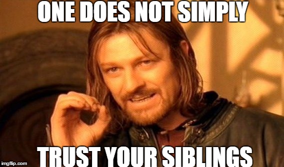 One Does Not Simply Meme | ONE DOES NOT SIMPLY TRUST YOUR SIBLINGS | image tagged in memes,one does not simply | made w/ Imgflip meme maker