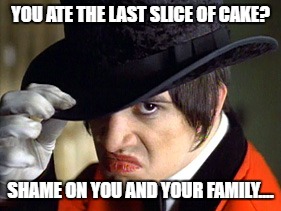 P!ATD OVERLOAD. | YOU ATE THE LAST SLICE OF CAKE? SHAME ON YOU AND YOUR FAMILY.... | image tagged in shame,brendon urie | made w/ Imgflip meme maker
