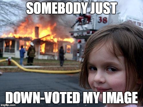 Disaster Girl | SOMEBODY JUST; DOWN-VOTED MY IMAGE | image tagged in memes,disaster girl | made w/ Imgflip meme maker