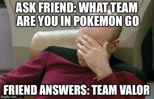 Captain Picard Facepalm | ASK FRIEND: WHAT TEAM ARE YOU IN POKEMON GO; FRIEND ANSWERS: TEAM VALOR | image tagged in memes,captain picard facepalm | made w/ Imgflip meme maker