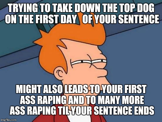 Futurama Fry Meme | TRYING TO TAKE DOWN THE TOP DOG ON THE FIRST DAY   OF YOUR SENTENCE MIGHT ALSO LEADS TO YOUR FIRST ASS RAPING AND TO MANY MORE ASS RAPING TI | image tagged in memes,futurama fry | made w/ Imgflip meme maker