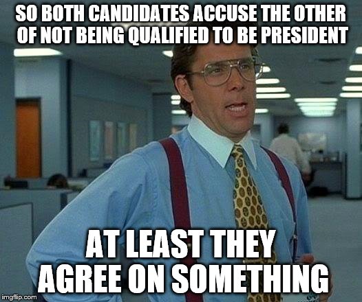 That Would Be Great Meme | SO BOTH CANDIDATES ACCUSE THE OTHER OF NOT BEING QUALIFIED TO BE PRESIDENT; AT LEAST THEY AGREE ON SOMETHING | image tagged in memes,that would be great | made w/ Imgflip meme maker