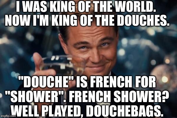Leonardo Dicaprio Cheers Meme | I WAS KING OF THE WORLD. NOW I'M KING OF THE DOUCHES. "DOUCHE" IS FRENCH FOR "SHOWER". FRENCH SHOWER? WELL PLAYED, DOUCHEBAGS. | image tagged in memes,leonardo dicaprio cheers | made w/ Imgflip meme maker