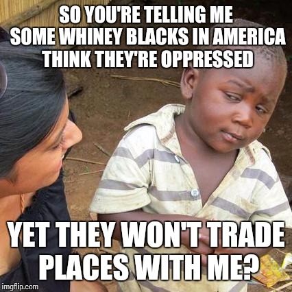 Third World Skeptical Kid | SO YOU'RE TELLING ME SOME WHINEY BLACKS IN AMERICA THINK THEY'RE OPPRESSED; YET THEY WON'T TRADE PLACES WITH ME? | image tagged in memes,third world skeptical kid | made w/ Imgflip meme maker