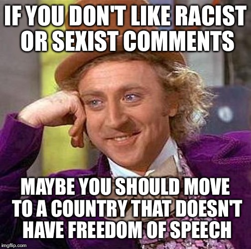 Quit Complaining  | IF YOU DON'T LIKE RACIST OR SEXIST COMMENTS; MAYBE YOU SHOULD MOVE TO A COUNTRY THAT DOESN'T HAVE FREEDOM OF SPEECH | image tagged in memes,creepy condescending wonka,america,donald trump,hillary clinton | made w/ Imgflip meme maker