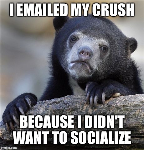 Confession Bear | I EMAILED MY CRUSH; BECAUSE I DIDN'T WANT TO SOCIALIZE | image tagged in memes,confession bear | made w/ Imgflip meme maker
