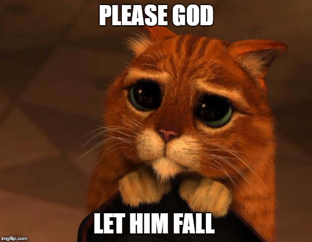 puss in boots eyes | PLEASE GOD LET HIM FALL | image tagged in puss in boots eyes | made w/ Imgflip meme maker