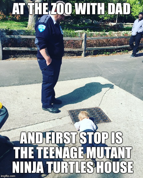 AT THE ZOO WITH DAD; AND FIRST STOP IS THE TEENAGE MUTANT NINJA TURTLES HOUSE | image tagged in zoo | made w/ Imgflip meme maker