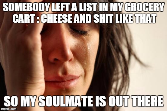 Searching for a sandwich buddy | SOMEBODY LEFT A LIST IN MY GROCERY CART : CHEESE AND SHIT LIKE THAT; SO MY SOULMATE IS OUT THERE | image tagged in memes,first world problems,single life | made w/ Imgflip meme maker