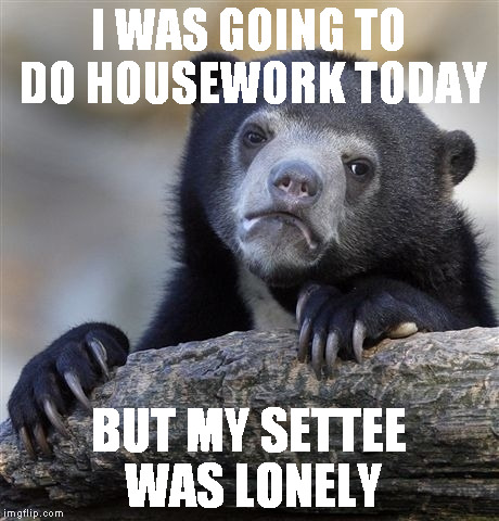 Confession Bear Meme | I WAS GOING TO DO HOUSEWORK TODAY; BUT MY SETTEE WAS LONELY | image tagged in memes,confession bear | made w/ Imgflip meme maker