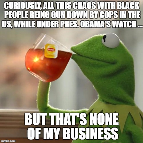 But That's None Of My Business | CURIOUSLY, ALL THIS CHAOS WITH BLACK PEOPLE BEING GUN DOWN BY COPS IN THE US, WHILE UNDER PRES. OBAMA'S WATCH ... BUT THAT'S NONE OF MY BUSINESS | image tagged in memes,but thats none of my business,kermit the frog | made w/ Imgflip meme maker