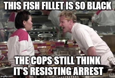 a clearly hostile fish fillet | THIS FISH FILLET IS SO BLACK; THE COPS STILL THINK IT'S RESISTING ARREST | image tagged in memes,angry chef gordon ramsay | made w/ Imgflip meme maker