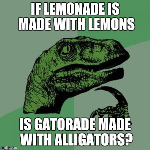 Philosoraptor Meme | IF LEMONADE IS MADE WITH LEMONS; IS GATORADE MADE WITH ALLIGATORS? | image tagged in memes,philosoraptor,lemonade,gatorade,alligator | made w/ Imgflip meme maker