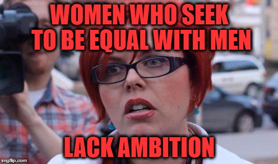 Angry Feminist | WOMEN WHO SEEK TO BE EQUAL WITH MEN; LACK AMBITION | image tagged in angry feminist | made w/ Imgflip meme maker