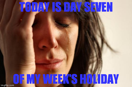 First World Problems | TODAY IS DAY SEVEN; OF MY WEEK'S HOLIDAY | image tagged in memes,first world problems | made w/ Imgflip meme maker