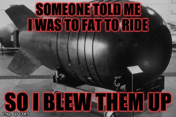 Nuclear Bomb | SOMEONE TOLD ME I WAS TO FAT TO RIDE; SO I BLEW THEM UP | image tagged in nuclear bomb | made w/ Imgflip meme maker