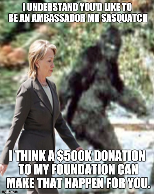 I UNDERSTAND YOU'D LIKE TO BE AN AMBASSADOR MR SASQUATCH I THINK A $500K DONATION TO MY FOUNDATION CAN MAKE THAT HAPPEN FOR YOU. | made w/ Imgflip meme maker