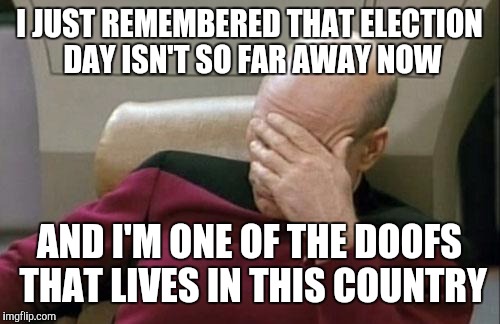 Captain Picard Facepalm | I JUST REMEMBERED THAT ELECTION DAY ISN'T SO FAR AWAY NOW; AND I'M ONE OF THE DOOFS THAT LIVES IN THIS COUNTRY | image tagged in memes,captain picard facepalm | made w/ Imgflip meme maker