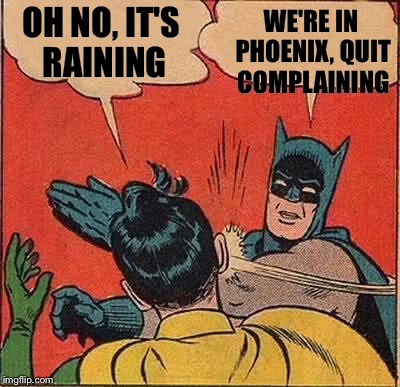 Batman Slapping Robin Meme | OH NO, IT'S RAINING WE'RE IN PHOENIX, QUIT COMPLAINING | image tagged in memes,batman slapping robin | made w/ Imgflip meme maker