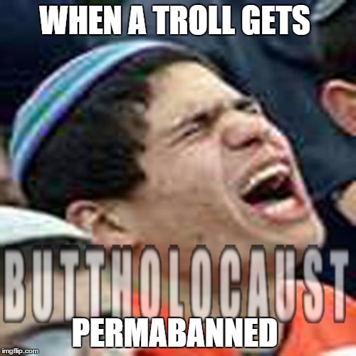 buttholocaust | WHEN A TROLL GETS; PERMABANNED | image tagged in buttholocaust | made w/ Imgflip meme maker