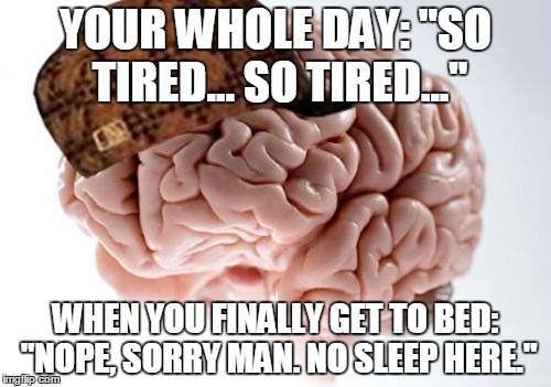 Scumbag Brain Meme | YOUR WHOLE DAY: "SO TIRED... SO TIRED..."; WHEN YOU FINALLY GET TO BED: "NOPE, SORRY MAN. NO SLEEP HERE." | image tagged in memes,scumbag brain,sleep,annoying,problems | made w/ Imgflip meme maker
