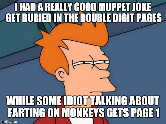 Futurama Fry Meme | I HAD A REALLY GOOD MUPPET JOKE GET BURIED IN THE DOUBLE DIGIT PAGES WHILE SOME IDIOT TALKING ABOUT FARTING ON MONKEYS GETS PAGE 1 | image tagged in memes,futurama fry | made w/ Imgflip meme maker