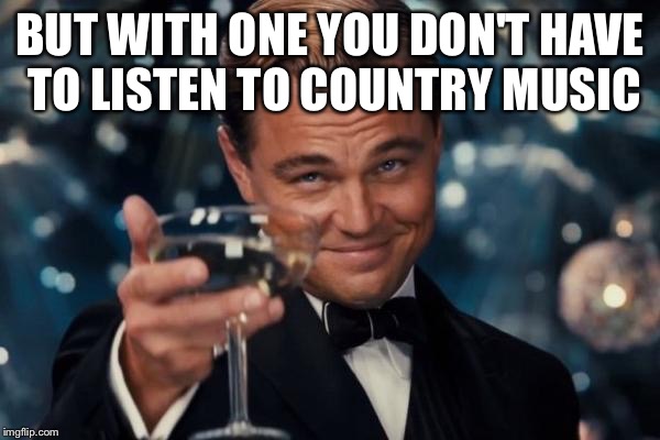Leonardo Dicaprio Cheers Meme | BUT WITH ONE YOU DON'T HAVE TO LISTEN TO COUNTRY MUSIC | image tagged in memes,leonardo dicaprio cheers | made w/ Imgflip meme maker