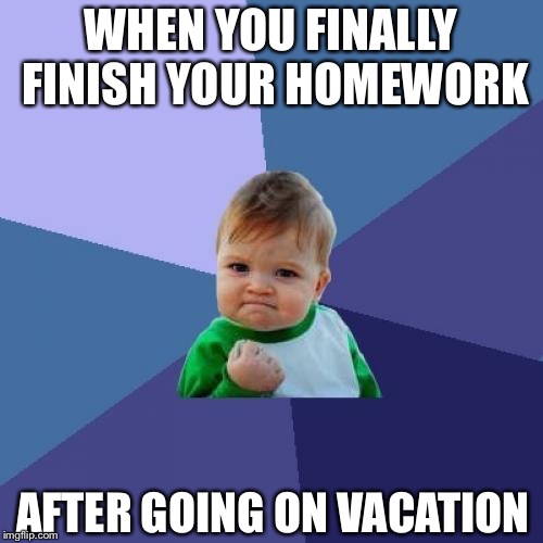 Success Kid | WHEN YOU FINALLY FINISH YOUR HOMEWORK; AFTER GOING ON VACATION | image tagged in memes,success kid | made w/ Imgflip meme maker