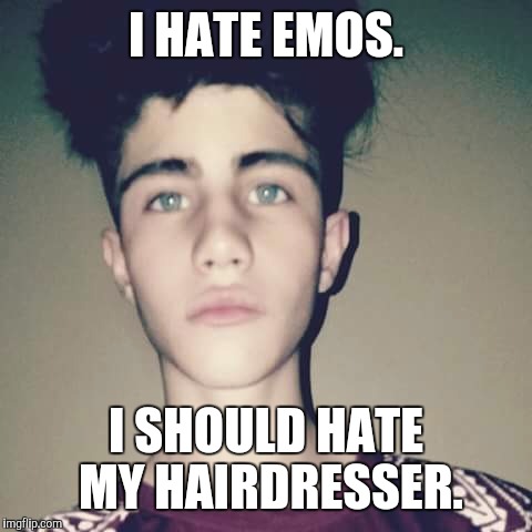 I HATE EMOS. I SHOULD HATE MY HAIRDRESSER. | image tagged in emo | made w/ Imgflip meme maker