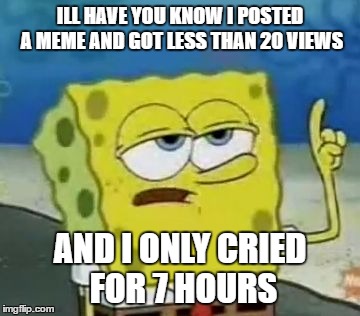 I'll Have You Know Spongebob Meme | ILL HAVE YOU KNOW I POSTED A MEME AND GOT LESS THAN 20 VIEWS; AND I ONLY CRIED FOR 7 HOURS | image tagged in memes,ill have you know spongebob | made w/ Imgflip meme maker