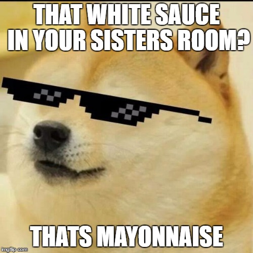 Sunglass Doge | THAT WHITE SAUCE IN YOUR SISTERS ROOM? THATS MAYONNAISE | image tagged in sunglass doge | made w/ Imgflip meme maker