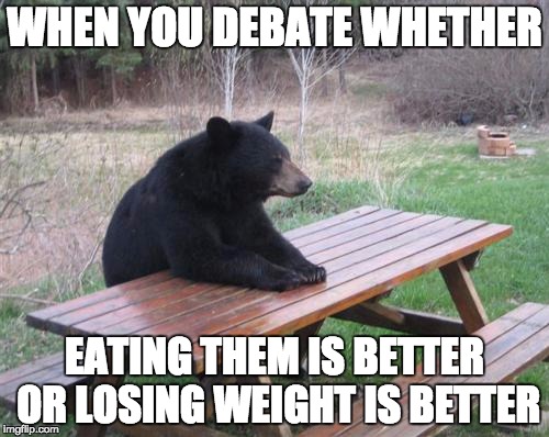 I'm! So! Hungry! | WHEN YOU DEBATE WHETHER; EATING THEM IS BETTER OR LOSING WEIGHT IS BETTER | image tagged in memes,bad luck bear,funny,funny memes,diet,dieting | made w/ Imgflip meme maker