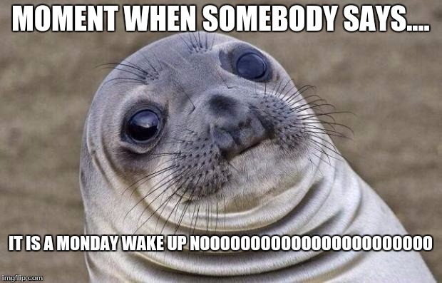 Awkward Moment Sealion Meme | MOMENT WHEN SOMEBODY SAYS.... IT IS A MONDAY WAKE UP
NOOOOOOOOOOOOOOOOOOOOOOO | image tagged in memes,awkward moment sealion | made w/ Imgflip meme maker