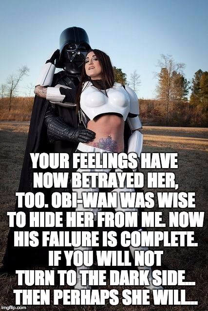 Darth Vader Big Pimpin | YOUR FEELINGS HAVE NOW BETRAYED HER, TOO. OBI-WAN WAS WISE TO HIDE HER FROM ME. NOW HIS FAILURE IS COMPLETE. IF YOU WILL NOT TURN TO THE DARK SIDE... THEN PERHAPS SHE WILL... | image tagged in darth vader big pimpin,star wars,cookies,dark side | made w/ Imgflip meme maker