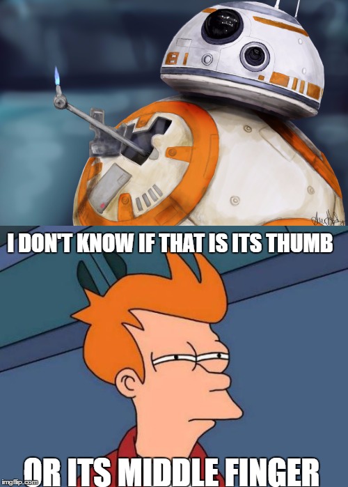 Fry, BB8 | I DON'T KNOW IF THAT IS ITS THUMB; OR ITS MIDDLE FINGER | image tagged in futurama fry,bb8 | made w/ Imgflip meme maker