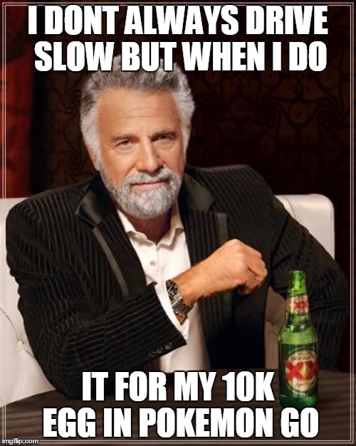 The Most Interesting Man In The World Meme | I DONT ALWAYS DRIVE SLOW BUT WHEN I DO IT FOR MY 10K EGG IN POKEMON GO | image tagged in memes,the most interesting man in the world | made w/ Imgflip meme maker