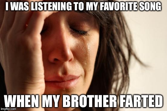 First World Problems | I WAS LISTENING TO MY FAVORITE SONG; WHEN MY BROTHER FARTED | image tagged in memes,first world problems | made w/ Imgflip meme maker