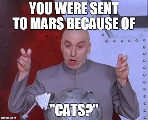 Dr Evil Laser Meme | YOU WERE SENT TO MARS BECAUSE OF "CATS?" | image tagged in memes,dr evil laser | made w/ Imgflip meme maker