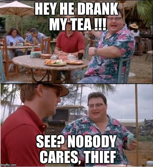 See Nobody Cares Meme | HEY HE DRANK MY TEA !!! SEE? NOBODY CARES, THIEF | image tagged in memes,see nobody cares | made w/ Imgflip meme maker