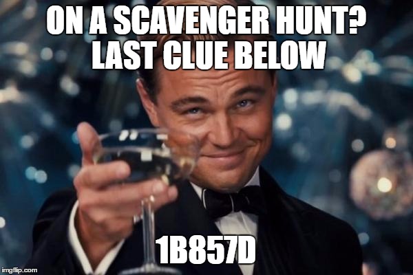 Leonardo Dicaprio Cheers Meme | ON A SCAVENGER HUNT? LAST CLUE BELOW 1B857D | image tagged in memes,leonardo dicaprio cheers | made w/ Imgflip meme maker