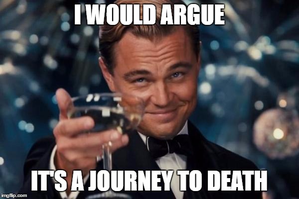 Leonardo Dicaprio Cheers Meme | I WOULD ARGUE IT'S A JOURNEY TO DEATH | image tagged in memes,leonardo dicaprio cheers | made w/ Imgflip meme maker