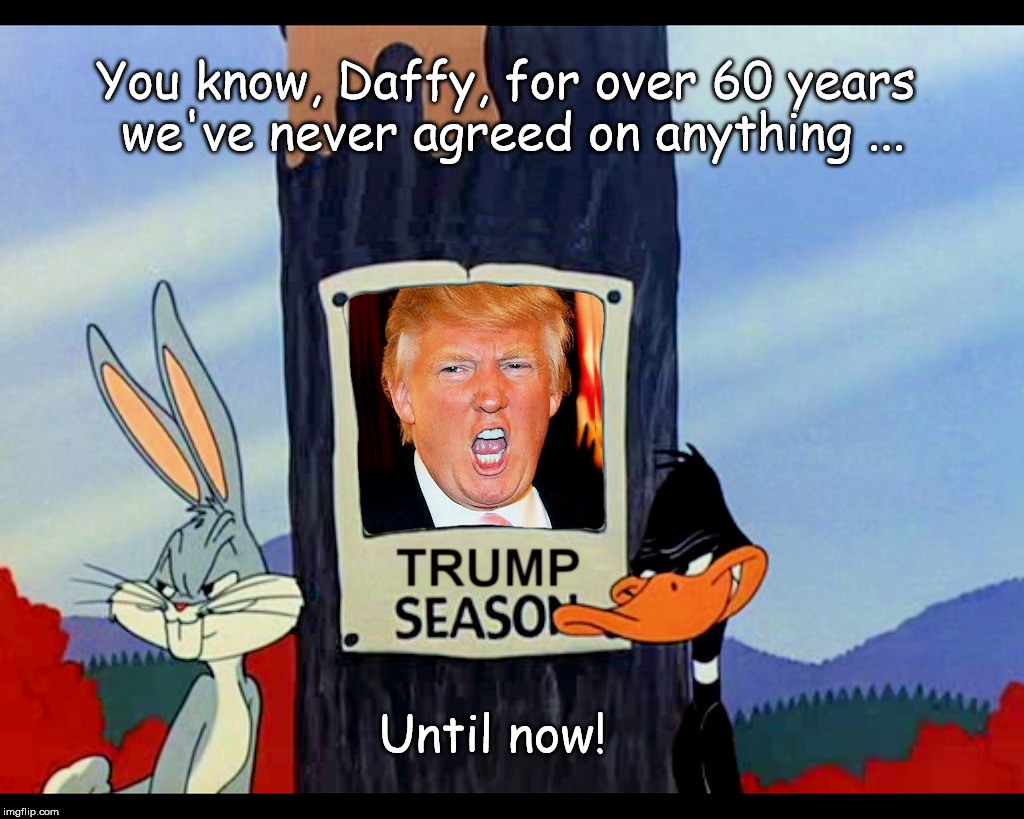 I Absitively Posolutely Agree ! | You know, Daffy, for over 60 years we've never agreed on anything ... Until now! | image tagged in bugs,daffy,trump | made w/ Imgflip meme maker