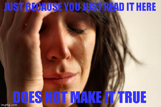 First World Problems | JUST BECAUSE YOU JUST READ IT HERE; DOES NOT MAKE IT TRUE | image tagged in memes,first world problems | made w/ Imgflip meme maker