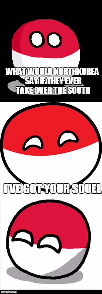 Bad Pun Polandball | WHAT WOULD NORTHKOREA SAY IF THEY EVER TAKE OVER THE SOUTH; I'VE GOT YOUR SOUEL | image tagged in bad pun polandball | made w/ Imgflip meme maker