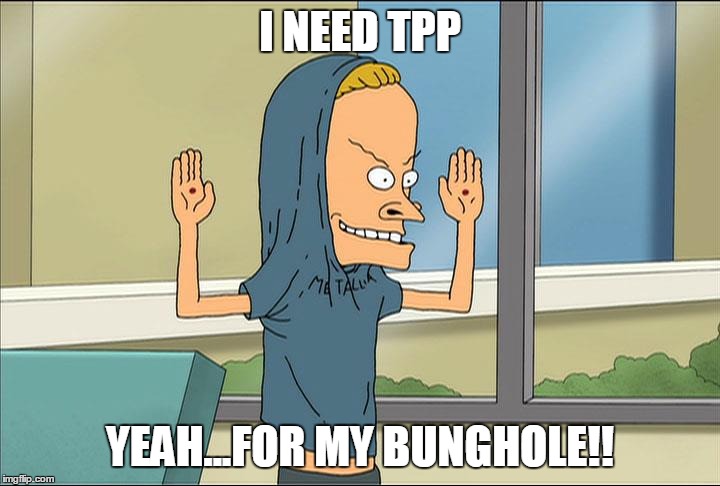 Everybody Needs TPP | I NEED TPP; YEAH...FOR MY BUNGHOLE!! | image tagged in tpp,cornholio,beavis and butthead,satire | made w/ Imgflip meme maker