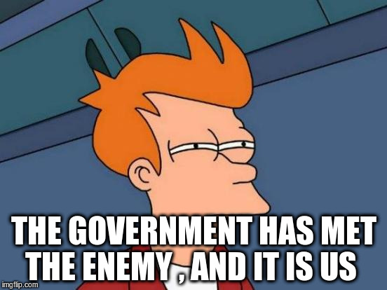 Futurama Fry Meme | THE GOVERNMENT HAS MET THE ENEMY , AND IT IS US | image tagged in memes,futurama fry | made w/ Imgflip meme maker