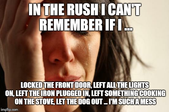 First World Problems Meme | IN THE RUSH I CAN'T REMEMBER IF I ... LOCKED THE FRONT DOOR, LEFT ALL THE LIGHTS ON, LEFT THE IRON PLUGGED IN, LEFT SOMETHING COOKING ON THE | image tagged in memes,first world problems | made w/ Imgflip meme maker