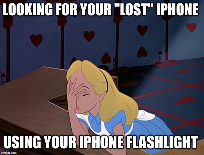 Alice in Wonderland Face Palm Facepalm | LOOKING FOR YOUR "LOST" IPHONE; USING YOUR IPHONE FLASHLIGHT | image tagged in alice in wonderland face palm facepalm | made w/ Imgflip meme maker