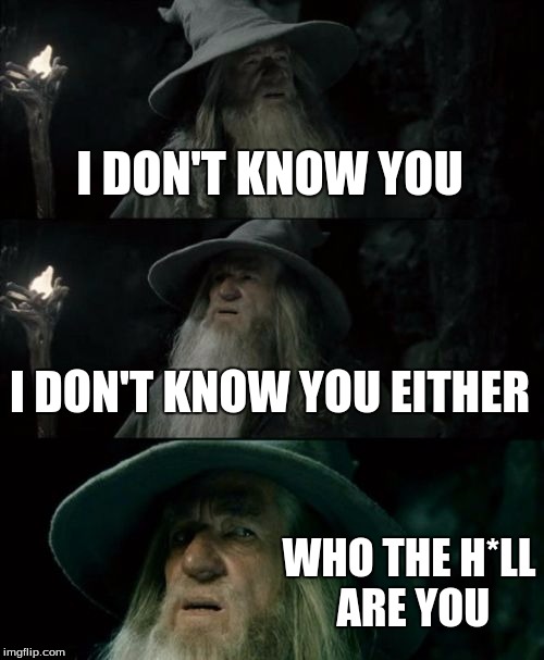 Confused Gandalf | I DON'T KNOW YOU; I DON'T KNOW YOU EITHER; WHO THE H*LL ARE YOU | image tagged in memes,confused gandalf | made w/ Imgflip meme maker