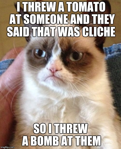 Grumpy Cat Meme | I THREW A TOMATO AT SOMEONE AND THEY SAID THAT WAS CLICHE; SO I THREW A BOMB AT THEM | image tagged in memes,grumpy cat | made w/ Imgflip meme maker